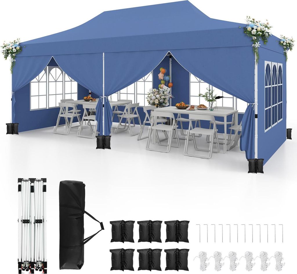 GOPLUS 3x6m faltbarer Pavillon, Partyzelt mit 6 Seitenwänden und 6 Sandsäcken, höhenverstellbarer, wasserdichter & stabiler Gartenpavillon für ...