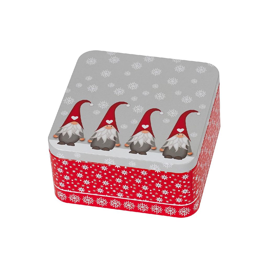 A square tin box with a Christmas theme, featuring gnomes and snowflakes.