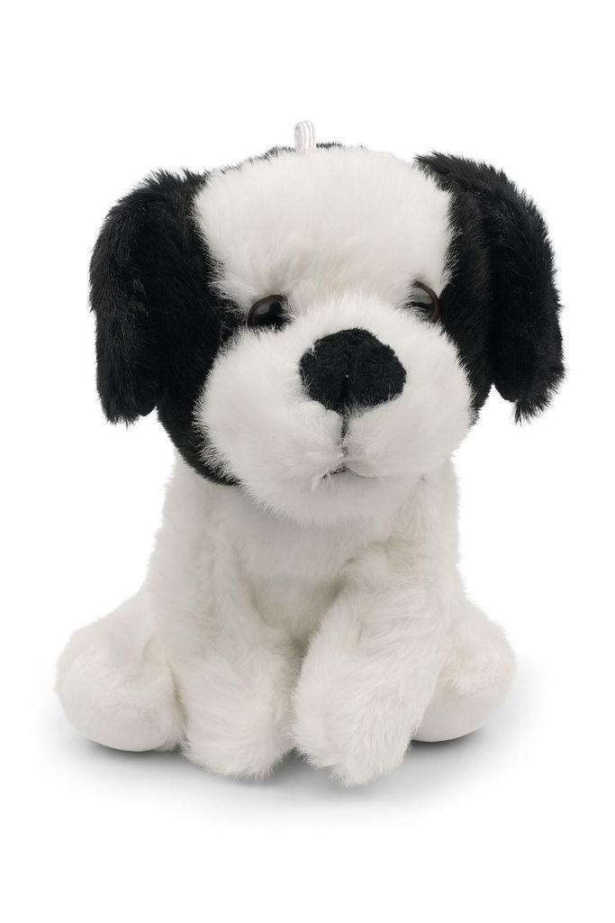 Kuscheltier Hund 18 cm sitzend weiß-schwarz – Weiches Plüschtier, kleines Stofftier