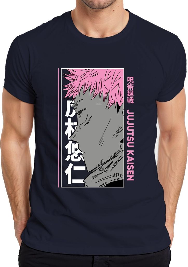 Jujutsu Kaisen Yuji Itadori Anime Porträt rosa Haare Manga Fan Herren T-Shirt, Navy, S