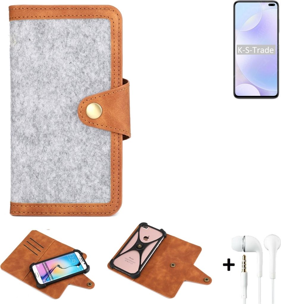 K-S-Trade Handyhülle + Kopfhörer kompatibel mit Xiaomi Redmi K30 5G Racing Edition Schutzhülle Filz Hülle Kunstleder hellgrau braun (1x)