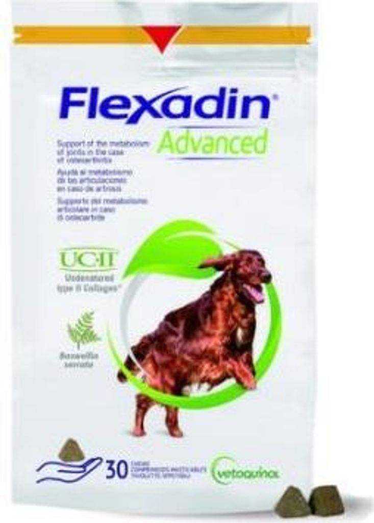 A product package for dog supplements, featuring a dog illustration and product details.