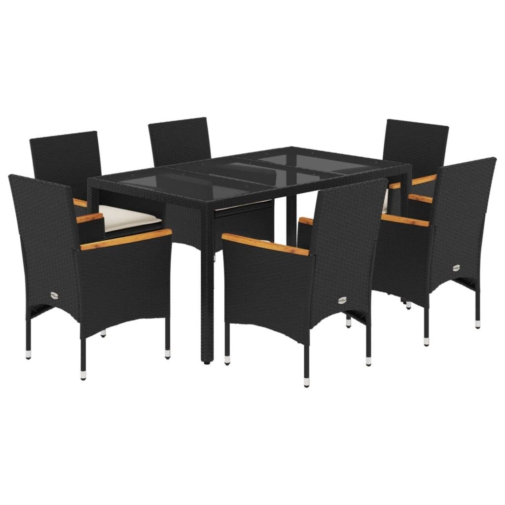 vidaXL 7-tlg. Garten-Essgruppe mit Kissen Schwarz Poly Rattan Glas