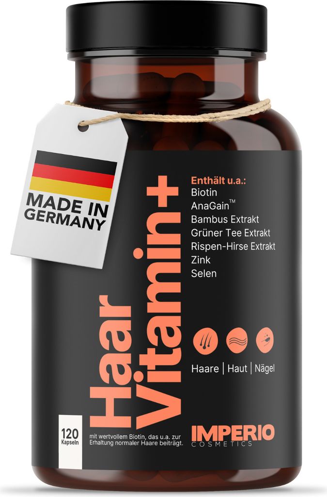 IMPERIO Haarvitamin+ Premium Haar Vitamine hochdosiert mit AnaGain™, Biotin, Zink & Selen zur Stärkung des Haarwachstums - 120 Haut, Haare, Nägel Kapseln für Frauen & Männer - Deutsche Herstellung