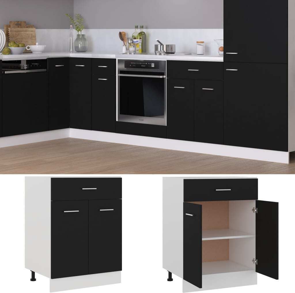 A collage of kitchen cabinets, showing a full kitchen scene and individual cabinet units.
