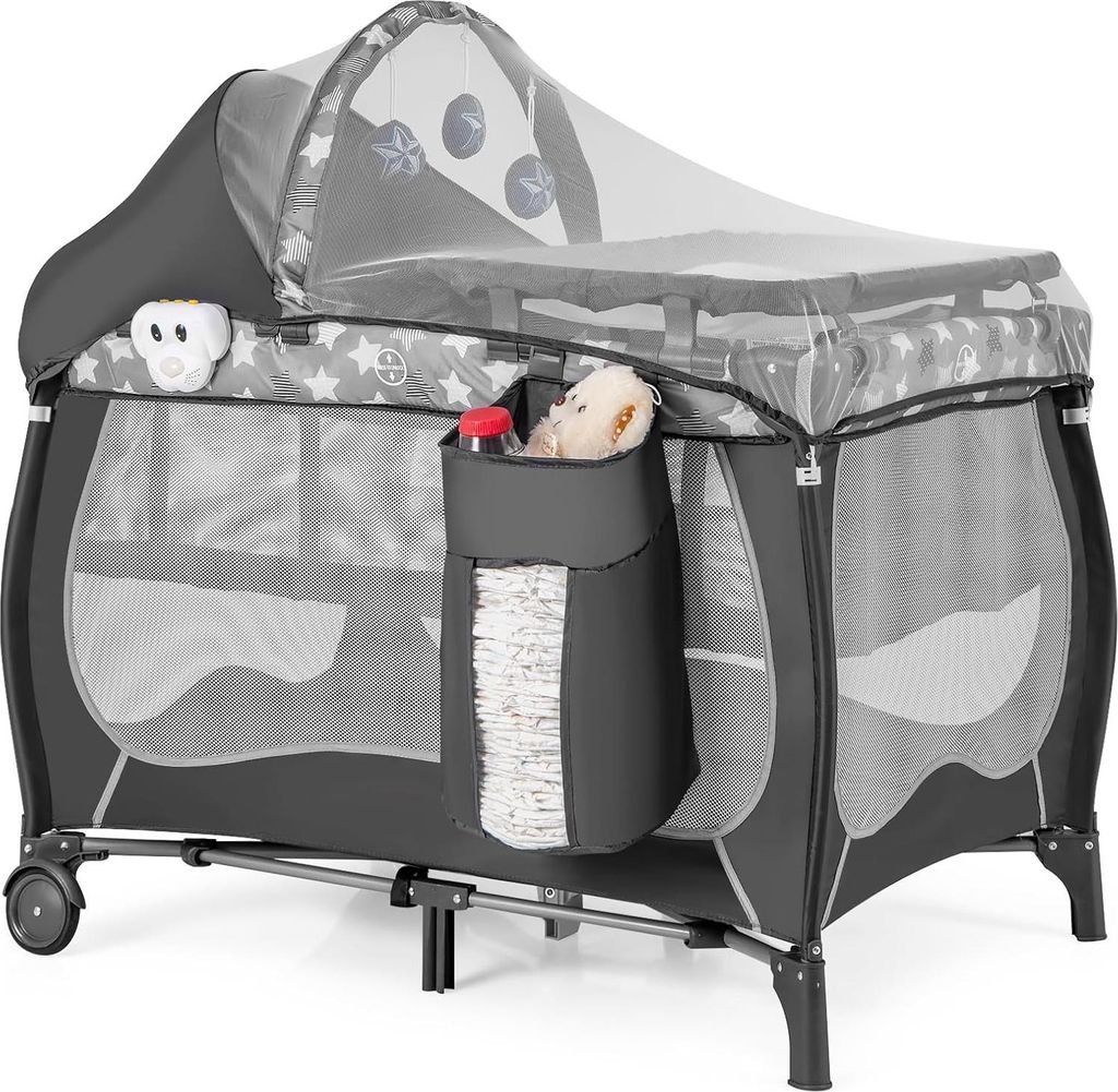 5-in-1 Tragbares Babybett mit Wickeltisch und Musikbox - Wiege mit Rollen für Babys bis 36 Monate
