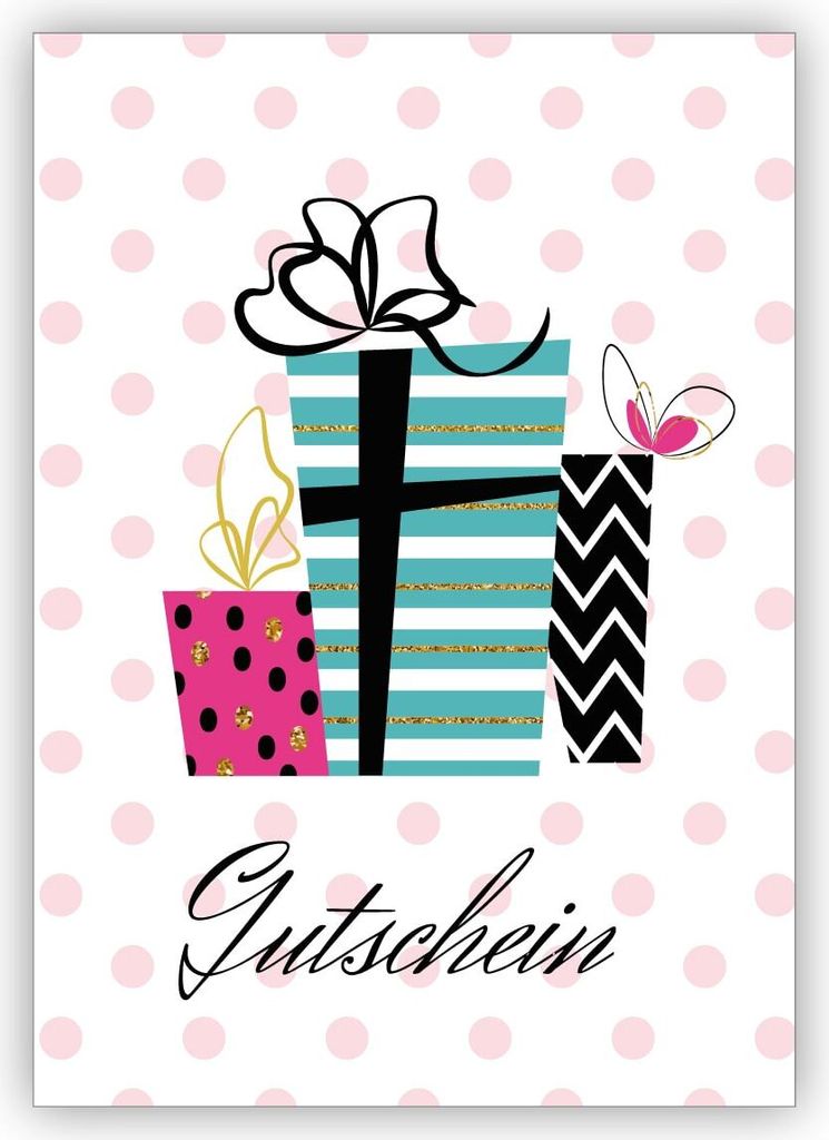 4x schicke Retro Designer Geschenkkarte mit Vintage Geschenken: Gutschein!