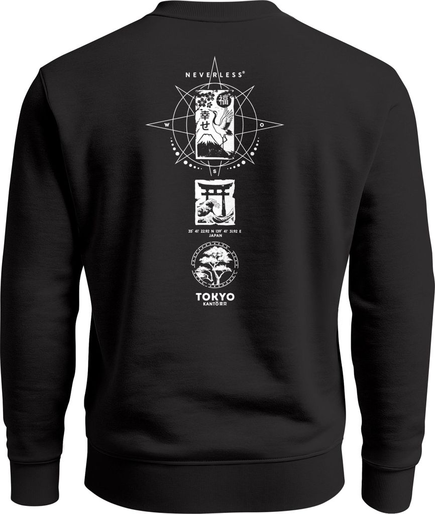 Sweatshirt Herren Pullover mit Backprint Japan Asien Symbole Fashion Sweater Männer Streetwear Neverless