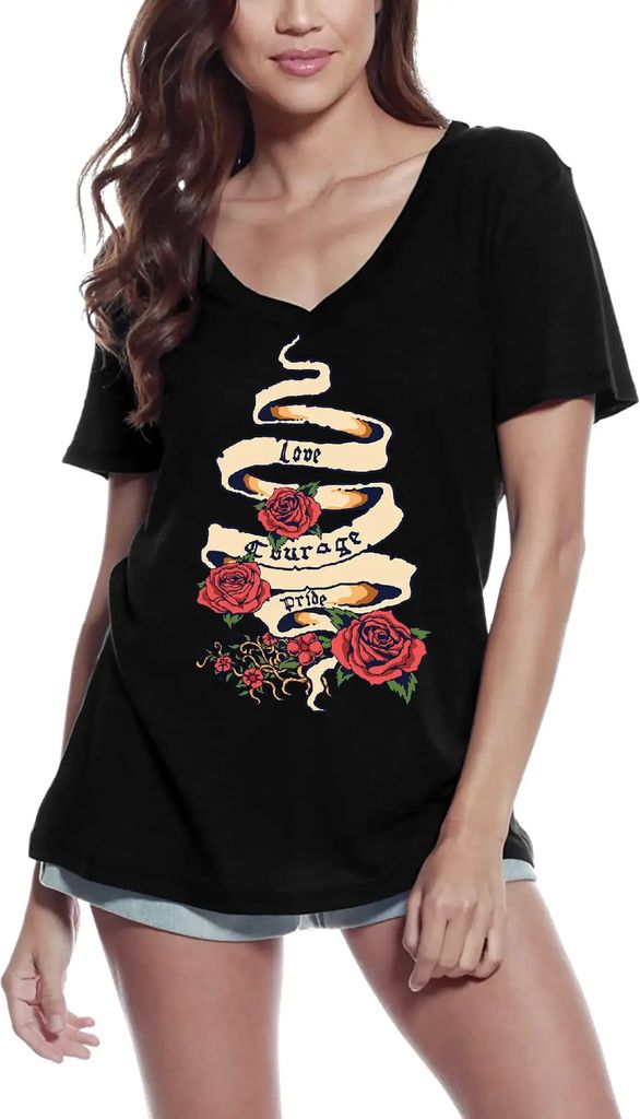Damen Grafik T-Shirt V-Ausschnitt Liebe Mut Stolz - rote Rosen – Love Courage Pride - Red Roses – Öko-Verantwortlich Vintage Jahrgang Kurzarm ...