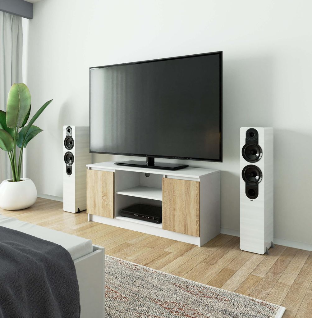 TV Lowboard – TV Schrank – TV Ständer – TV Tisch – 120 cm – Weiß / Sonoma Eiche – Funktionale Medienaufbewahrung mit Klapptüren