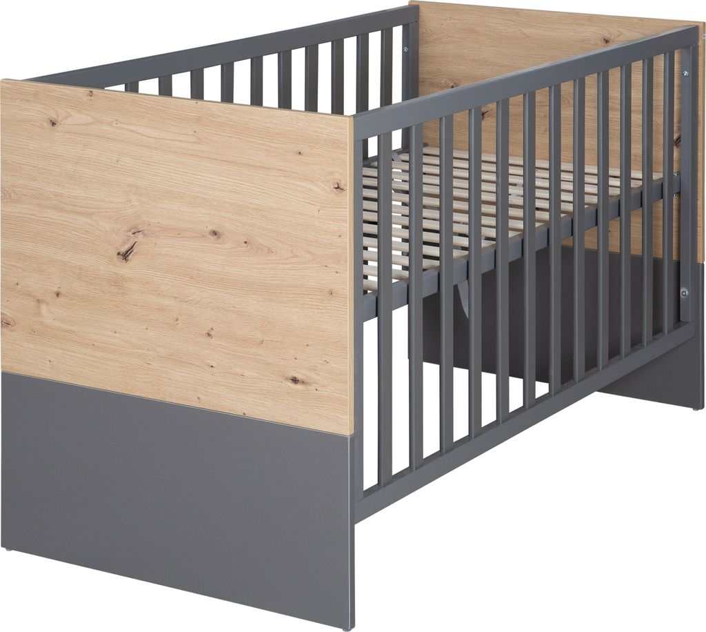 A baby crib shown from a side-diagonal angle against a white background.