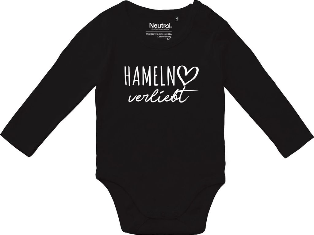 Huuraa Baby Body Hameln verliebt 80 Black Bio Baumwolle Fairtrade Langarmbody Geschenkidee