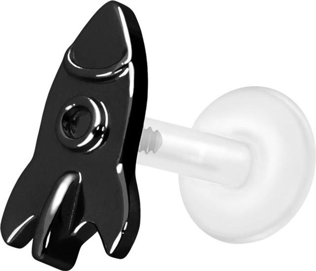 Ohrpiercing, Nasenpiercing PTFE Labret mit Innengewinde + Titan-Aufsatz RAKETE Schwarz Stablänge: 6mm | Stabstärke: 1,2mm