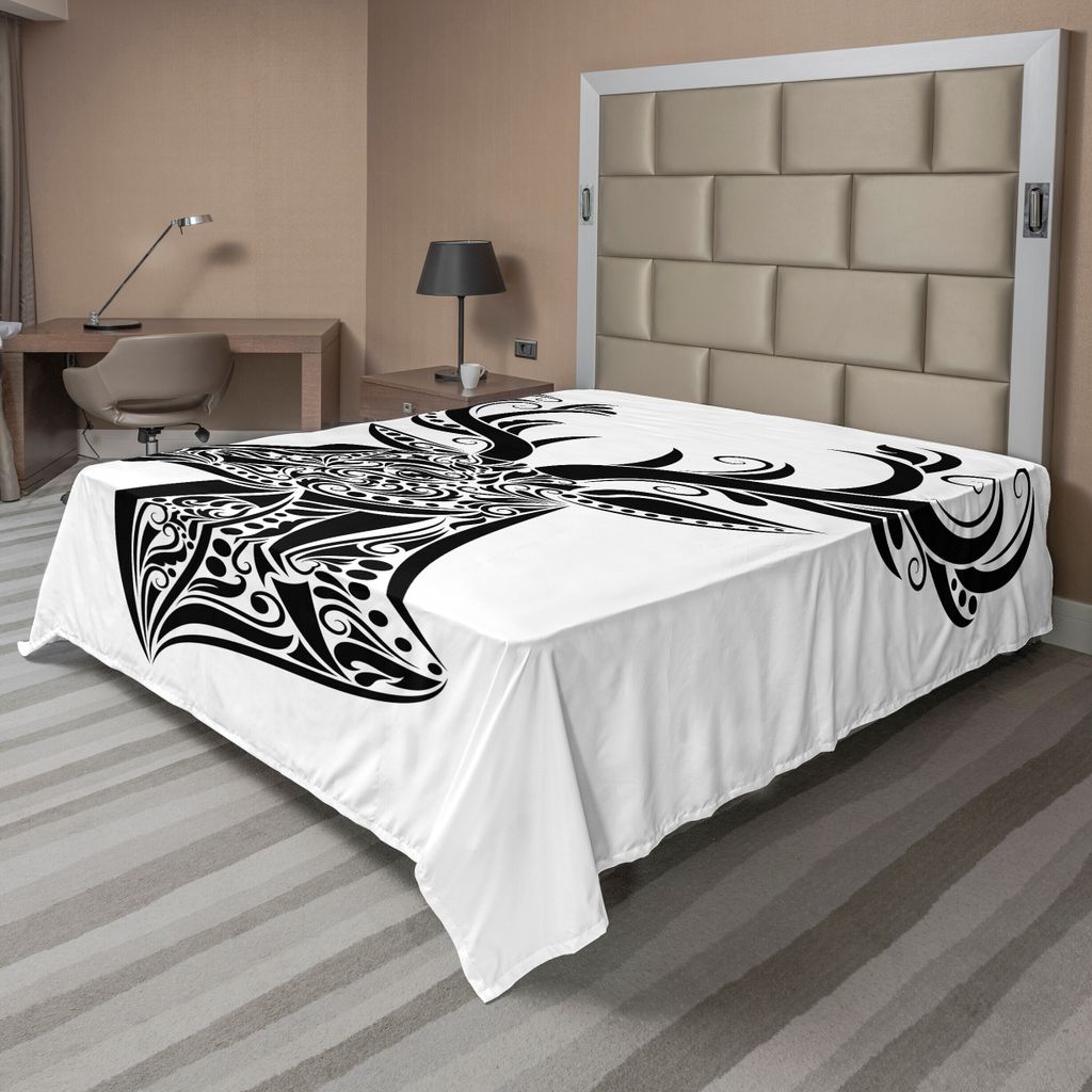 ABAKUHAUS Geweih Bettlaken, Tätowierungs Muster In Form Hirsch Kreativen Porträts In Den Schwarzweiss Farben, weiches bequemes oberes Bettlaken f...
