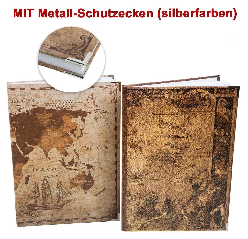 Logbuch-Verlag Geschenkset 2 Notizbücher DIN A4 Blanko + liniert - Weltkarte Globus Antike Motiv - Vintage Bücher zur individuellen Gestaltung - ...