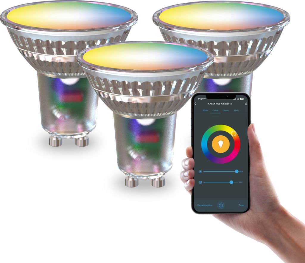 Calex Smart LED Spot, GU10, PAR16, RGB-Farben & kalt- bis warmweiß Licht, dimmbar, WLAN App- & Sprachsteuerung, 3er Pack