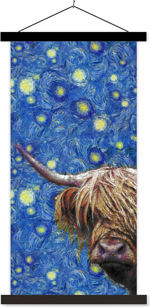 MuchoWow Textilposter Sternennacht - Van Gogh - Schottisches Hochlandrind 90x180 cm mit schwarzem Rahmen - Dekoration Wohnzimmer