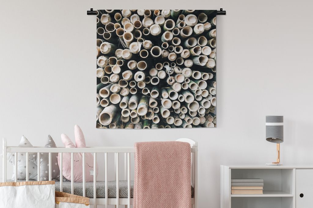 MuchoWow Wandteppich Wandbehang Bambus - Grün - Weiß 90x90 cm Tapisserie Dekoration Wandtuch - Wandaufhänger