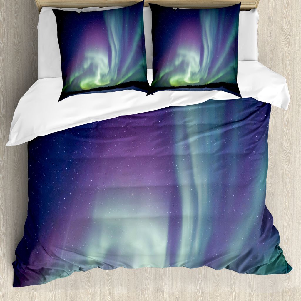 ABAKUHAUS Nordlicht Bettbezug, Solar Sky Sterne, Milbensicher Allergiker geeignet mit Kissenbezügen, 155 cm x 220 cm - 80 x 80 cm, Dark Blue Mint ...