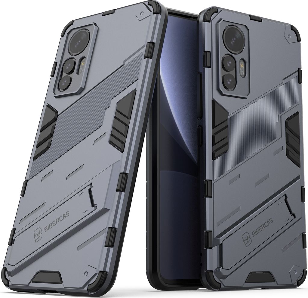 Armor Hülle für Xiaomi 12 Lite, Hybrid PC TPU Bumper Stoßfestes Schutzhülle mit Standfunktion Grau