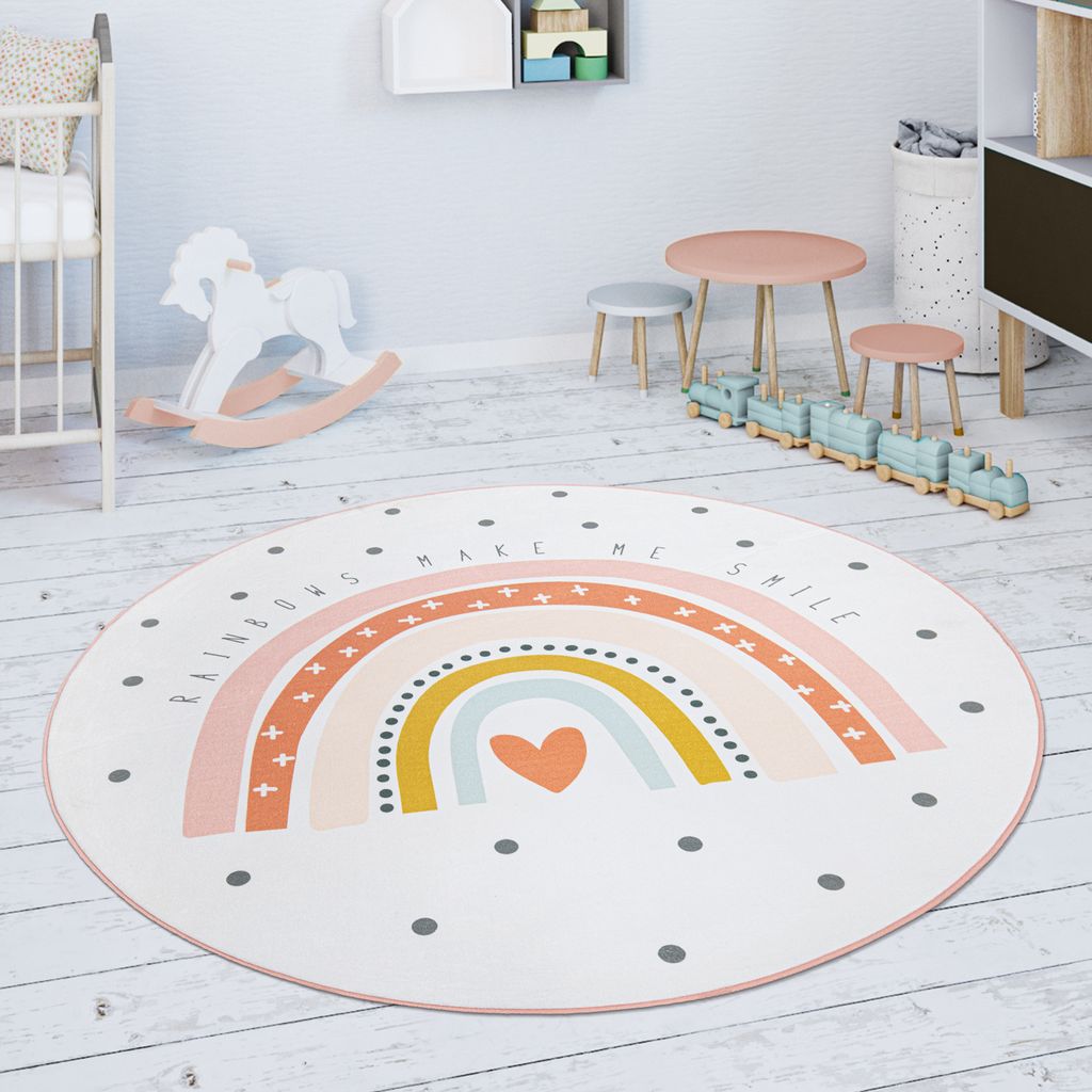 Kinderteppich Teppich Kinderzimmer Spielmatte Rutschfest Regenbogen Herz Creme Rosa Grösse 80 cm Rund