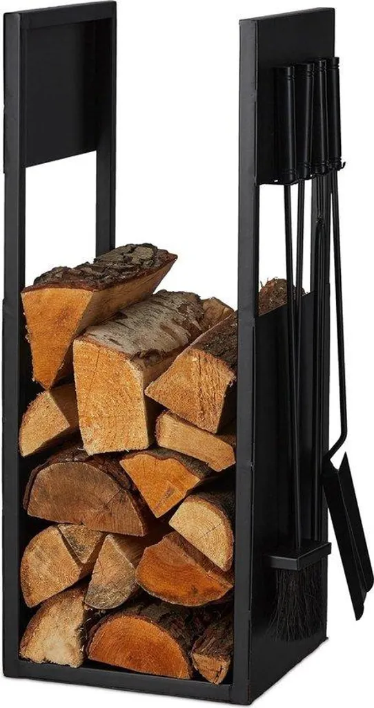 Support bois de chauffage robuste métal et bois noir, format 76cm