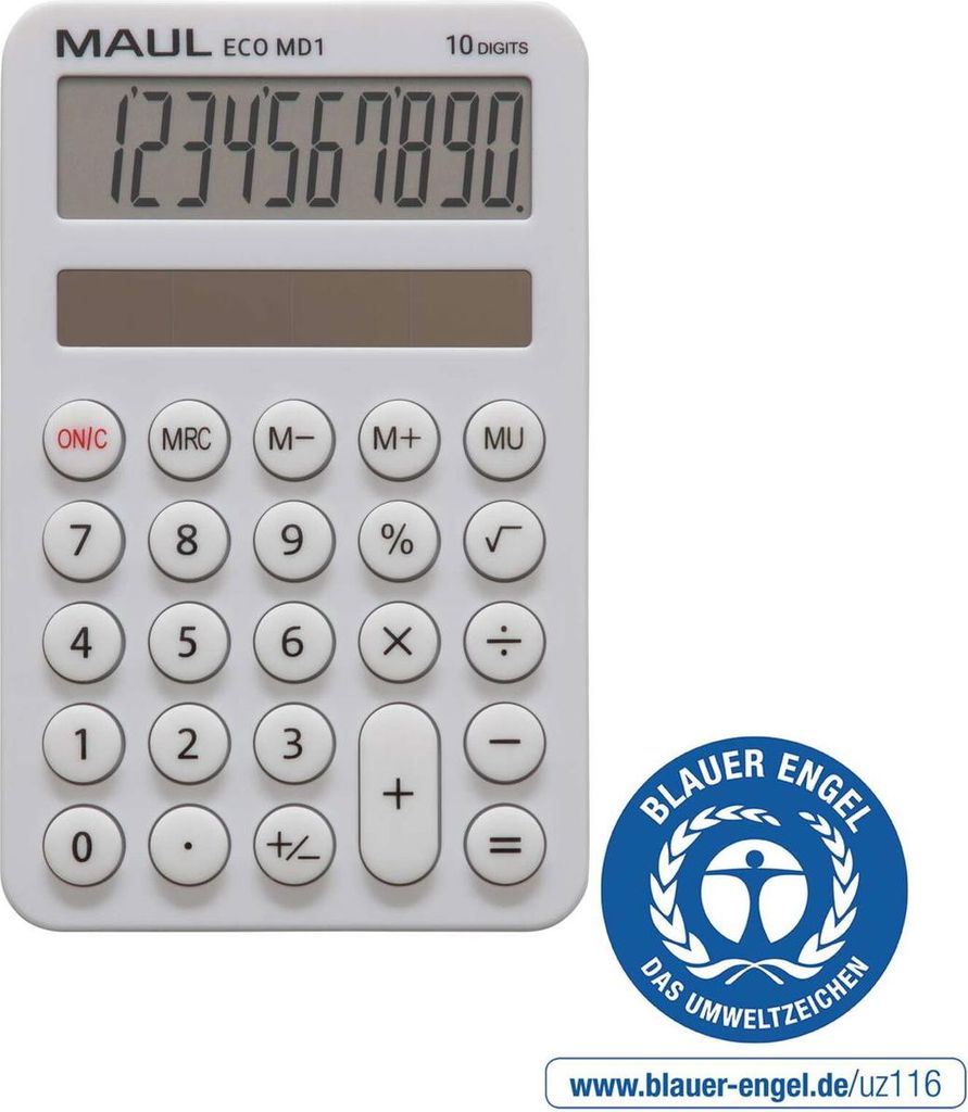 MAUL Taschenrechner ECO MD 1 LCD-Anzeige 1-zeilig, 10 Ziffern Solar 12 x 7.6 x 1.2 cm weiß