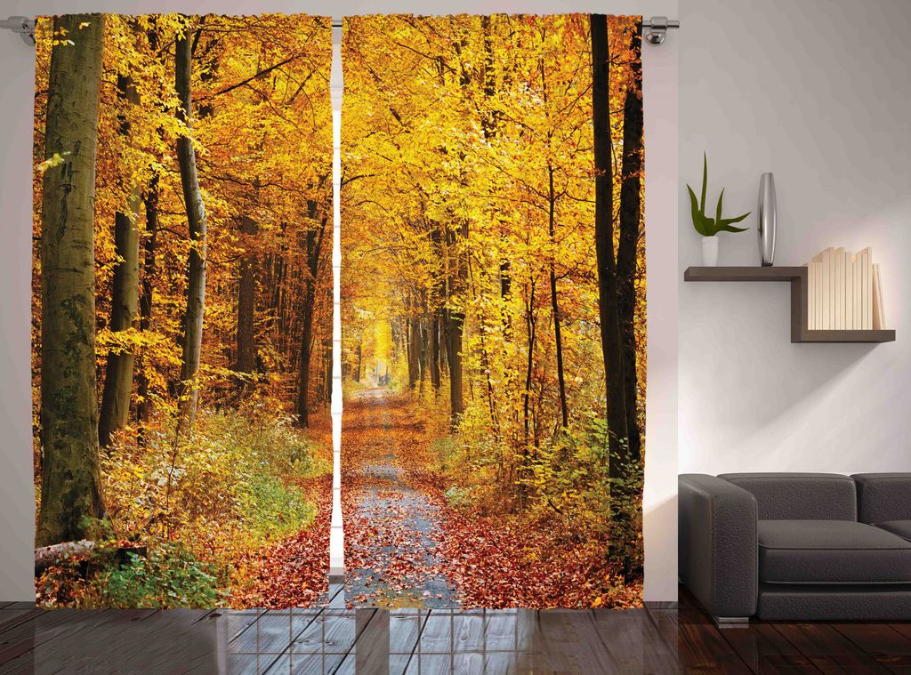 ABAKUHAUS Wald Rustikaler Gardine, Laub verlässt Herbst, Schlafzimmer Kräuselband Vorhang mit Schlaufen und Haken, 280 x 225 cm, Gelb Braun