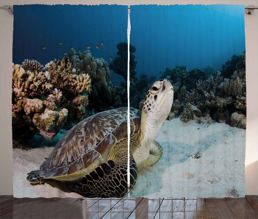 ABAKUHAUS Unter dem Meer Rustikaler Gardine, Turtle Korallenriff, Schlafzimmer Kräuselband Vorhang mit Schlaufen und Haken, 280 x 245 cm, Brown Co...