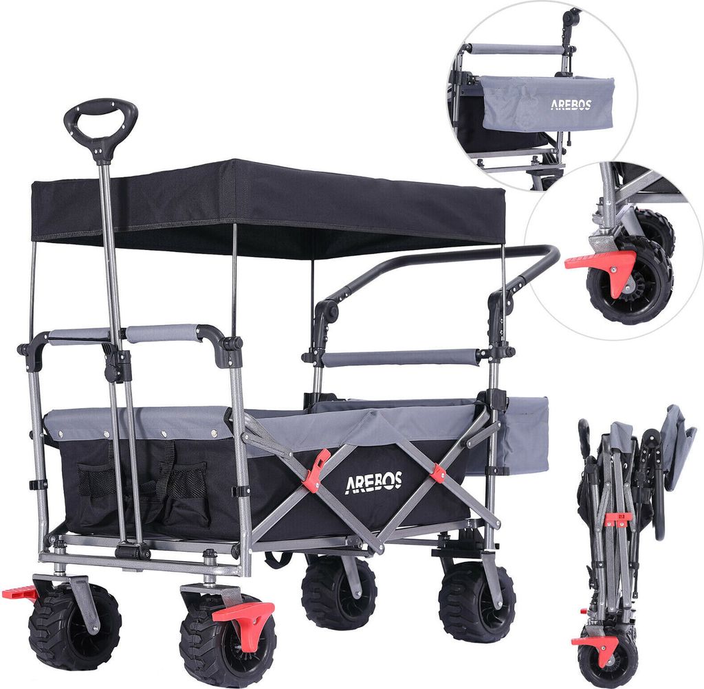 Arebos Bollerwagen faltbar Luxus mit Dach schwarz Produktbild 
