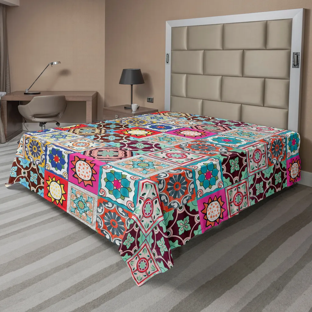 ABAKUHAUS Lenzuolo marocchino, collezione di piastrelle in mosaico ceramico e immagini con motivi geometrici matematici, morbido e confortevole lenzuolo superiore per un letto decorativo 1 pezzo 275 cm x 260 cm, multicolore
