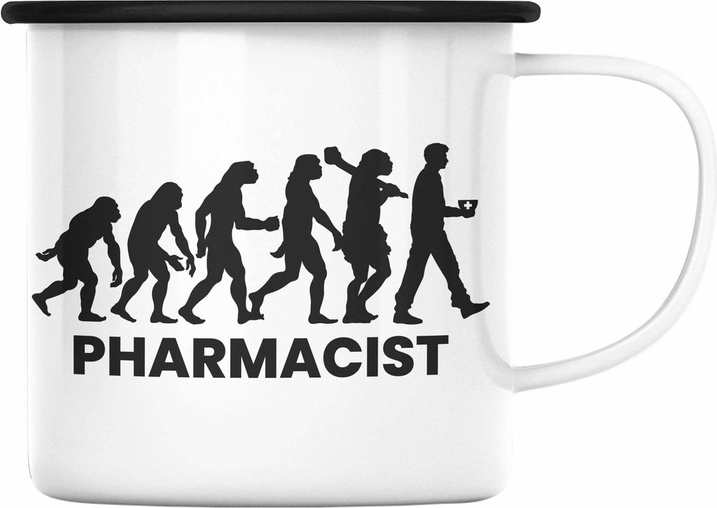 Trendation - Apotheker Emaille Tasse Geschenk Apothekerin Geschenkidee Emaille Emaille Tasse Evolution (Schwarz)