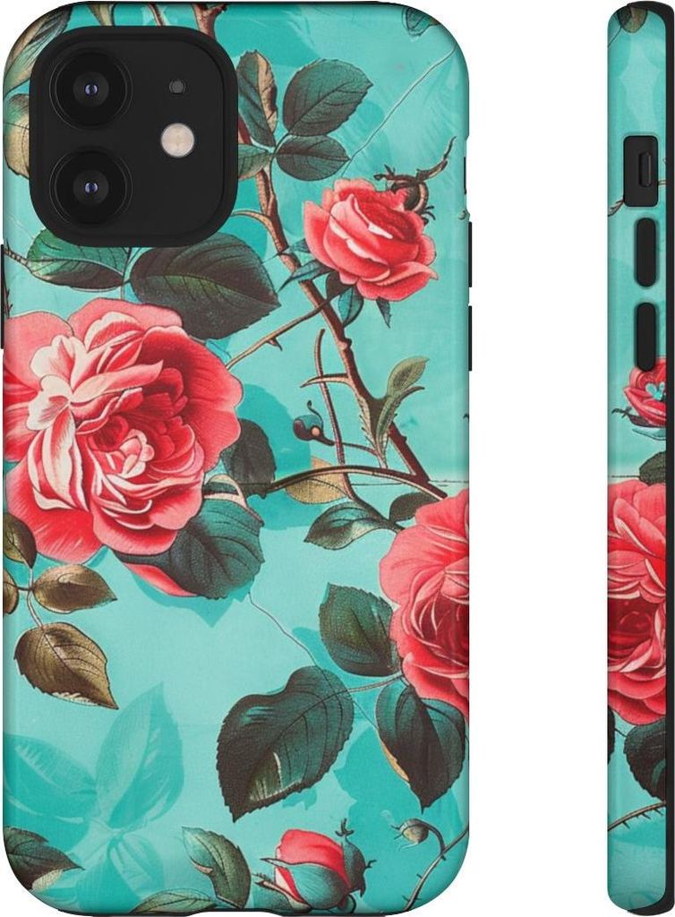 Rote Rosen auf türkisfarbenem Hintergrund – Hülle Kompatibel mit iPhone 12