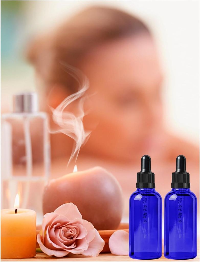 50 ml blaue wiederverwendbare Glaspipettenflaschen - 5 Stück - Apothekerflasche mit Trichter Spritze Etikett - ätherische Öle Aromatherapie-Düfte