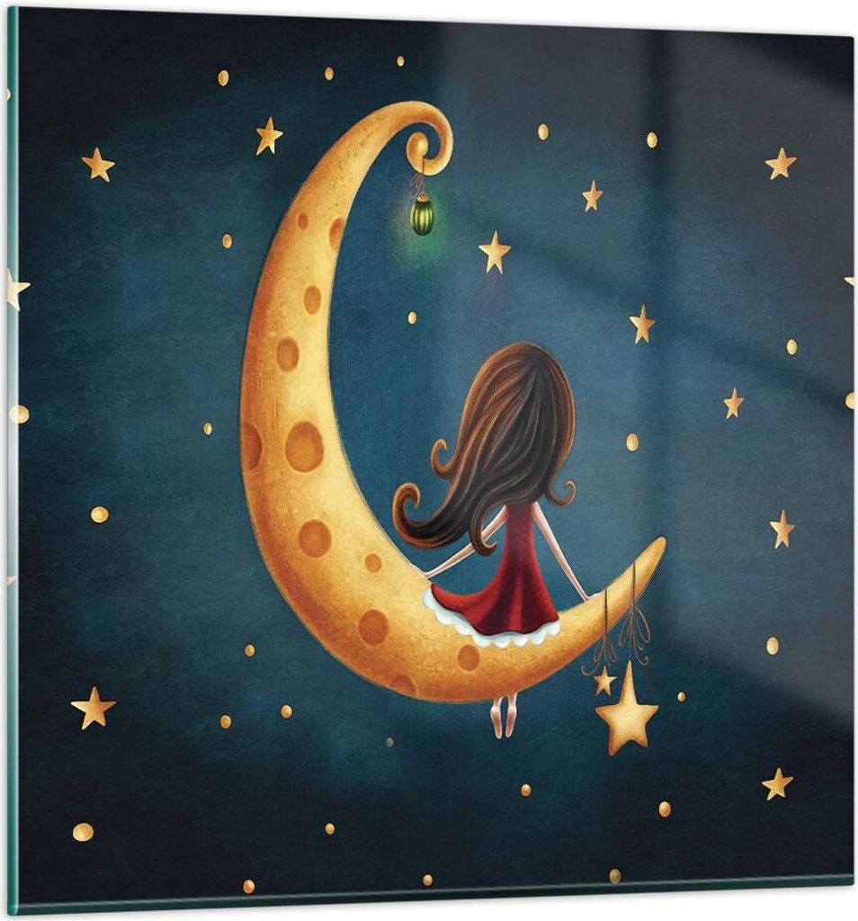 Bilder auf glas - Einteilig - Kinder Mädchen Mond - 60x60cm - Glasbilder - Wandbilder - Bilder - zum Aufhängen bereit - Wanddekoration aus Glas -...