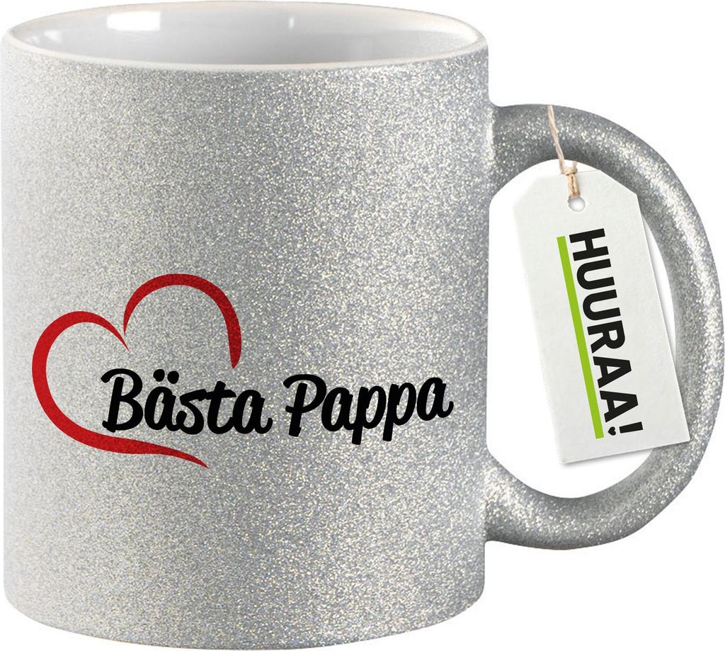 Huuraa Glitzertasse Bästa Pappa Hjärta 330ml Silber Keramik Kaffeebecher Geschenkidee