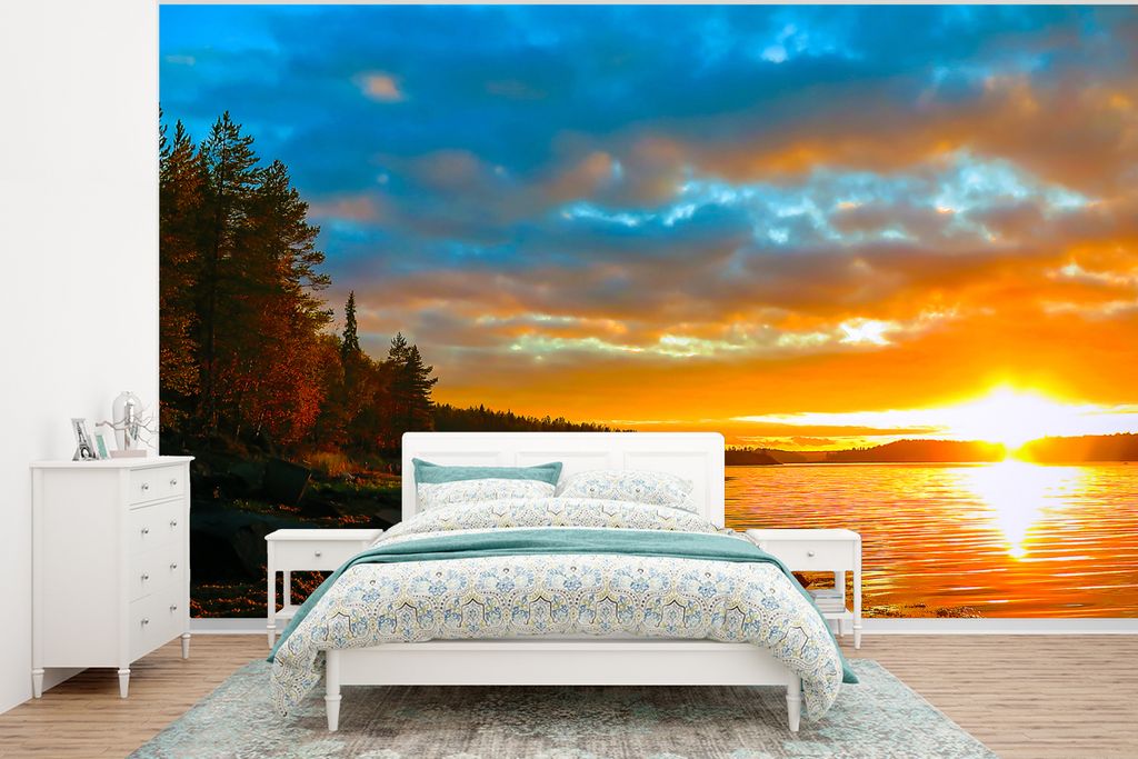 MuchoWow Fototapete für Wohnzimmer oder Schlafzimmer Wandtapete Vinyl Motivtapete Sonne - Landschaft - Wasser - Bäume - 350x260 cm - Wohnzimmer...