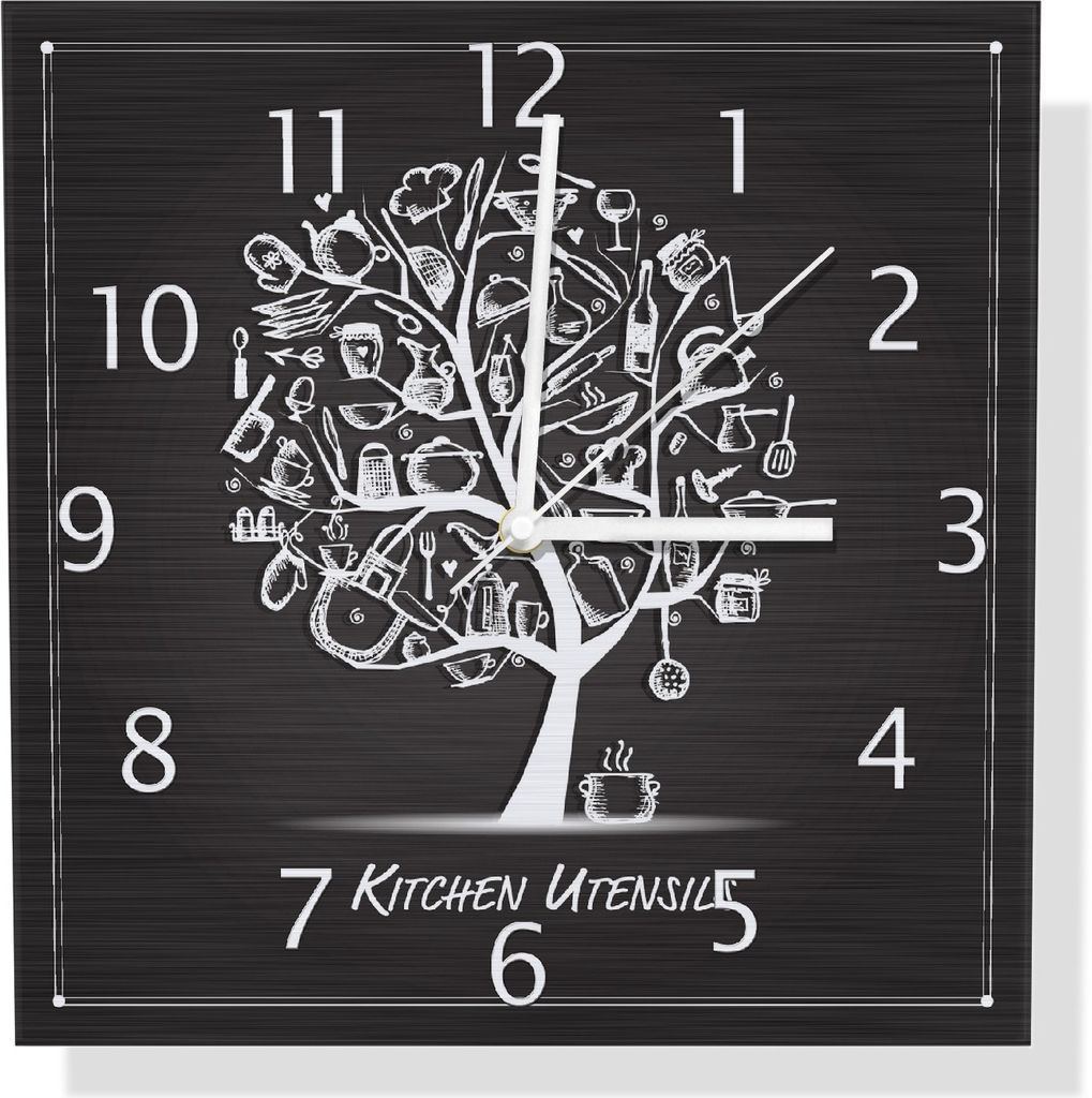 Wallario Design Wanduhr Kitchen Utensils - Baum aus Küchenutensilien in schwarz weiß aus Aluverbund, Größe 30 x 30 cm