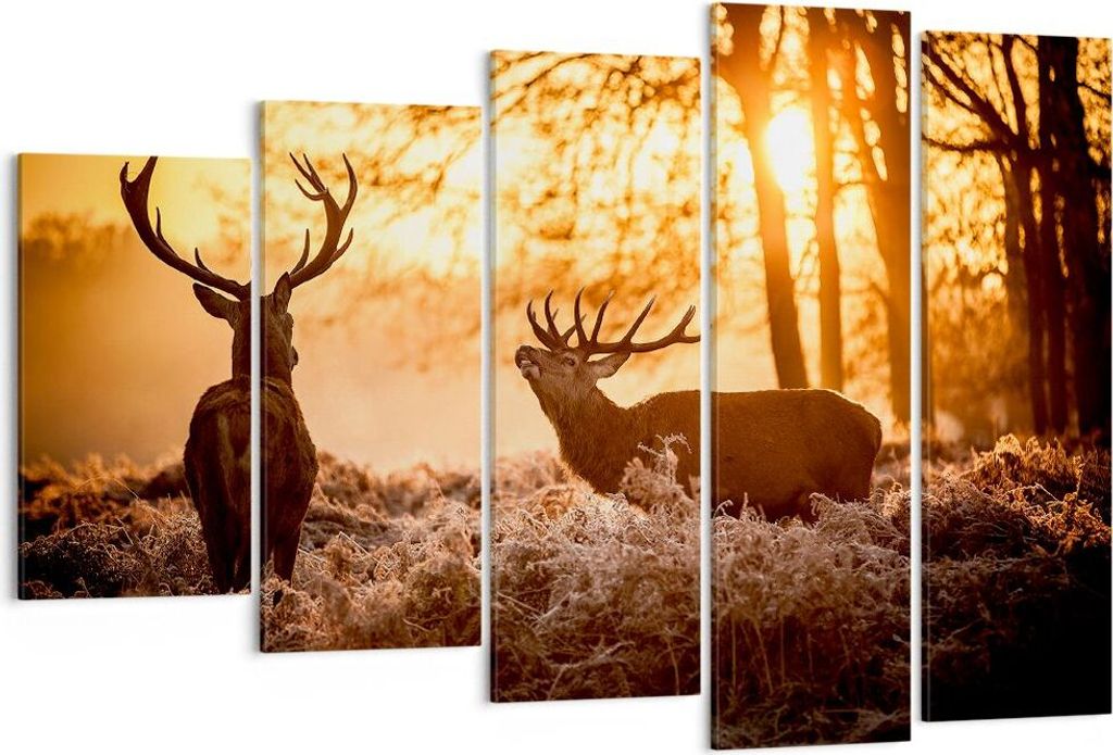 Bild auf Leinwand - Leinwandbild - Deer Heidekraut Tier - 150x100cm - Wand Bild - Wanddeko - Leinwanddruck - Bilder - Kunstdruck - Wanddekoration -...