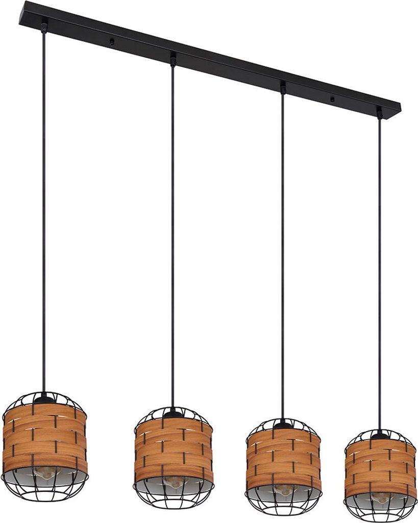 Hängeleuchte, 4 Flammig, Holzoptik, Metall schwarz, L 100 cm