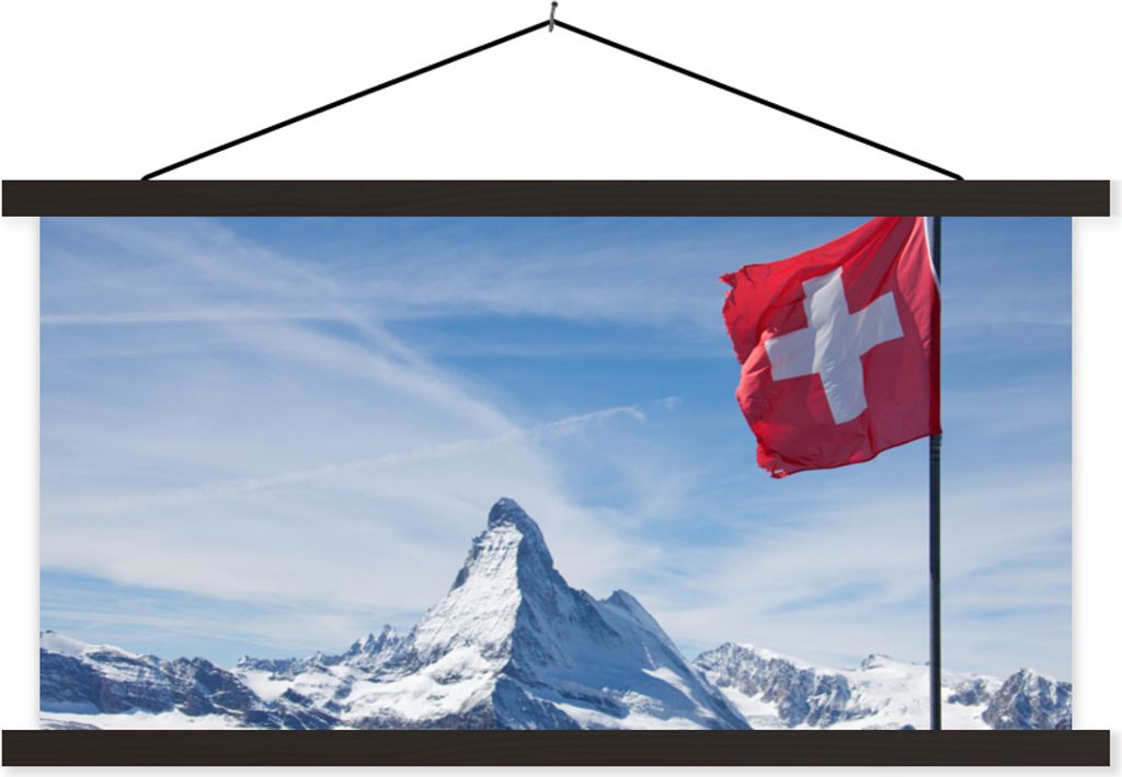 MuchoWow Textilposter Schweizer Flagge am Matterhorn in der Schweiz 60x30 cm mit schwarzem Rahmen - Textilien
