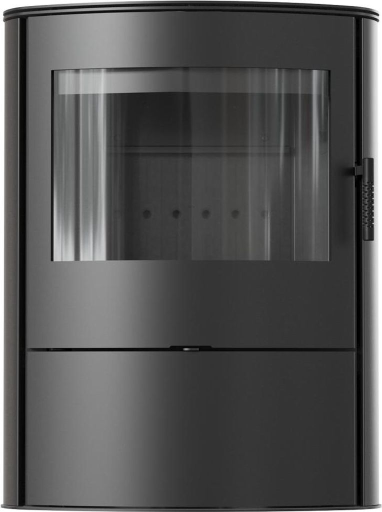 A black steel wood-burning stove is shown from the front against a white background.