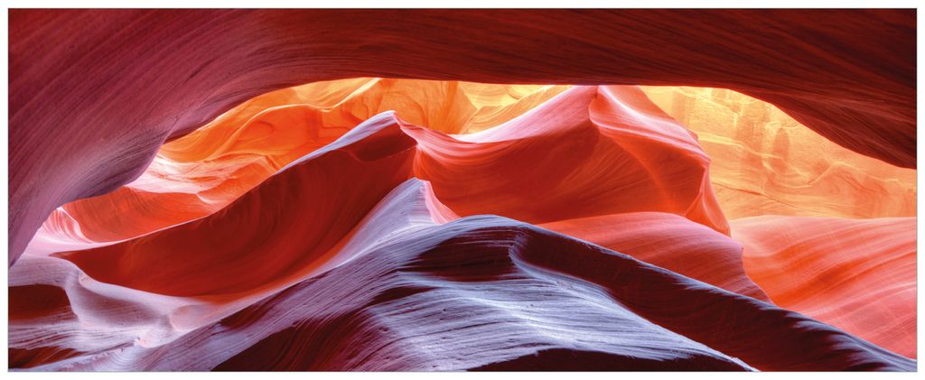 Wallario Premium Glasbild, freischwebende Optik, kräftige Farben, Größe 125 x 50 cm Motiv Antelop Canyon USA Kalksandsteingebirge in leuchtenden...