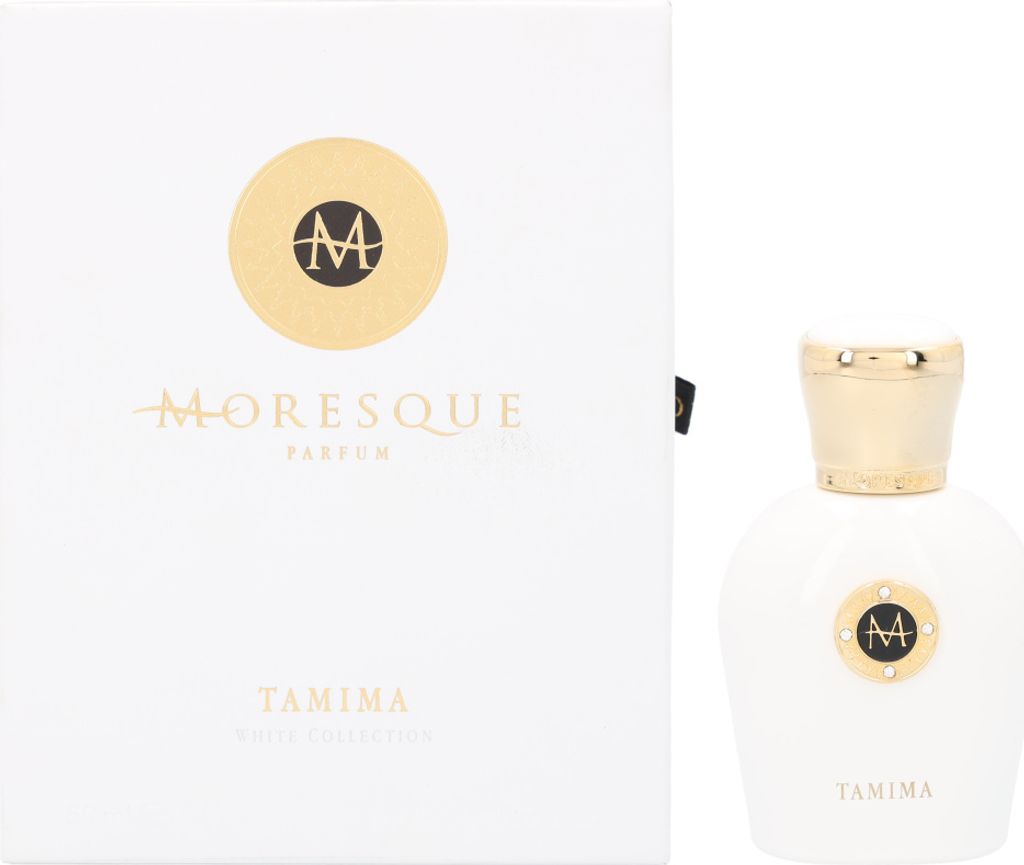 A white perfume box and a white perfume bottle with a gold cap, both featuring the brand's logo.