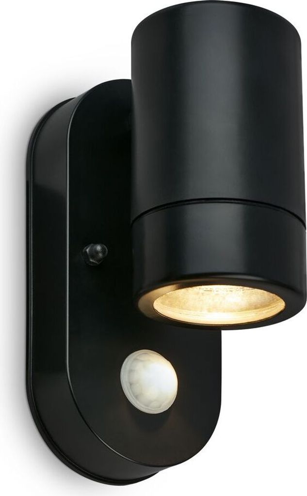 A black outdoor wall light with a motion sensor is shown against a white background.