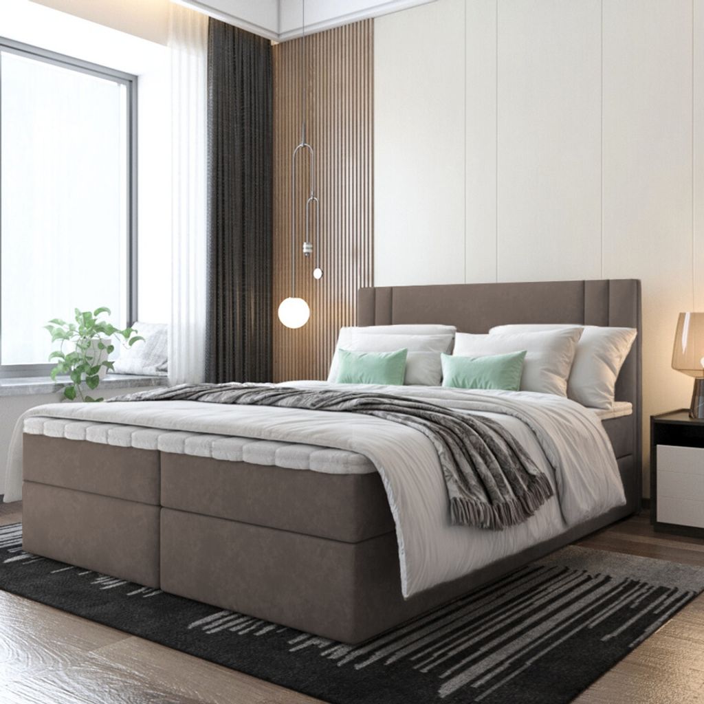 Bett Boxspringbett BEST, OHNE Topper mit Bettkästen - Doppelbett, Stauraum, Schlafzimmer, Polsterbett, Bettgestell (140x200, Braun - ITAKA 20)