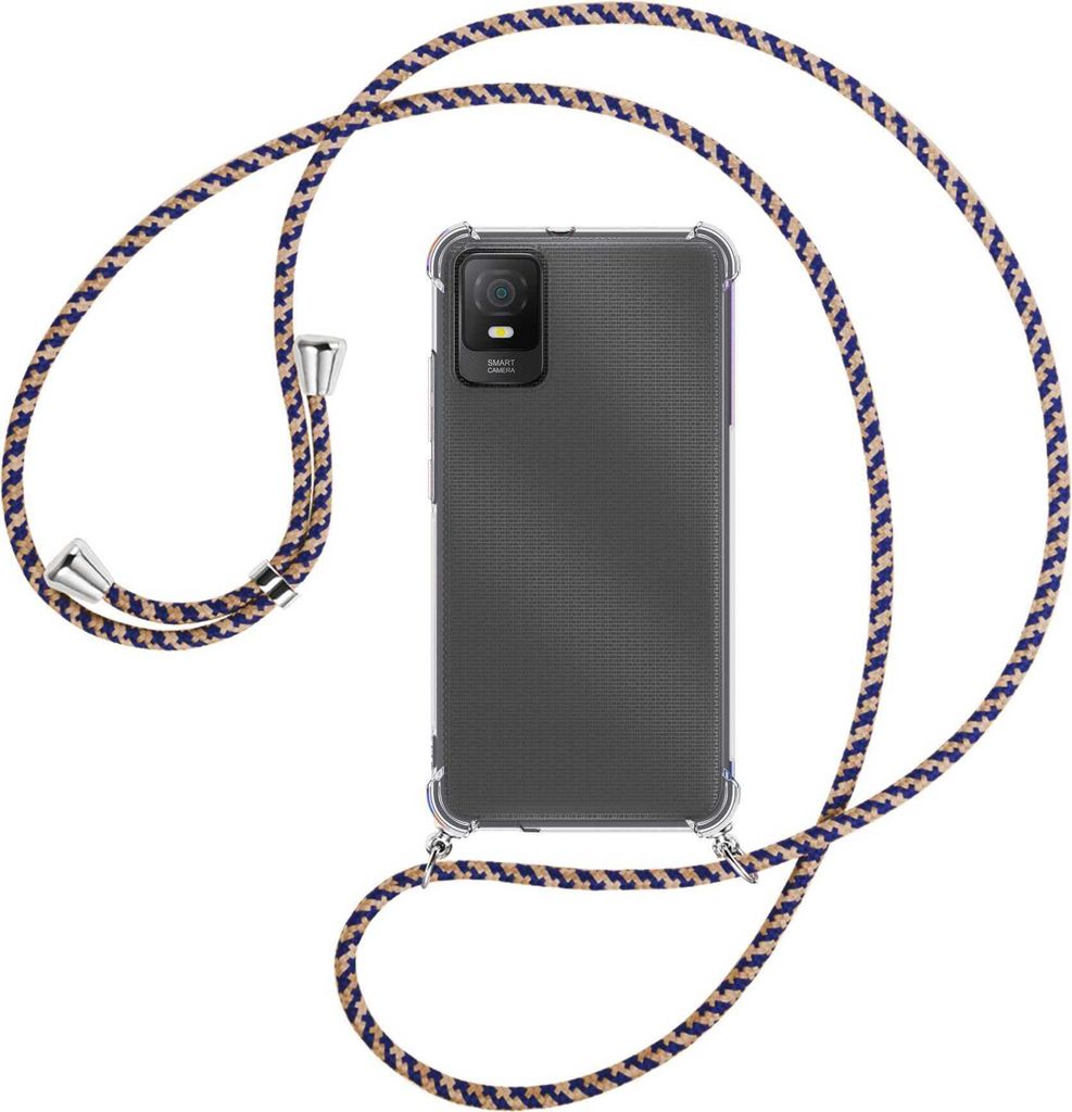 Handykette Backcover-Schutzhülle mit Band (Metall silberfarben) für TCL 403 (T431, 6.0'') - blau+beige