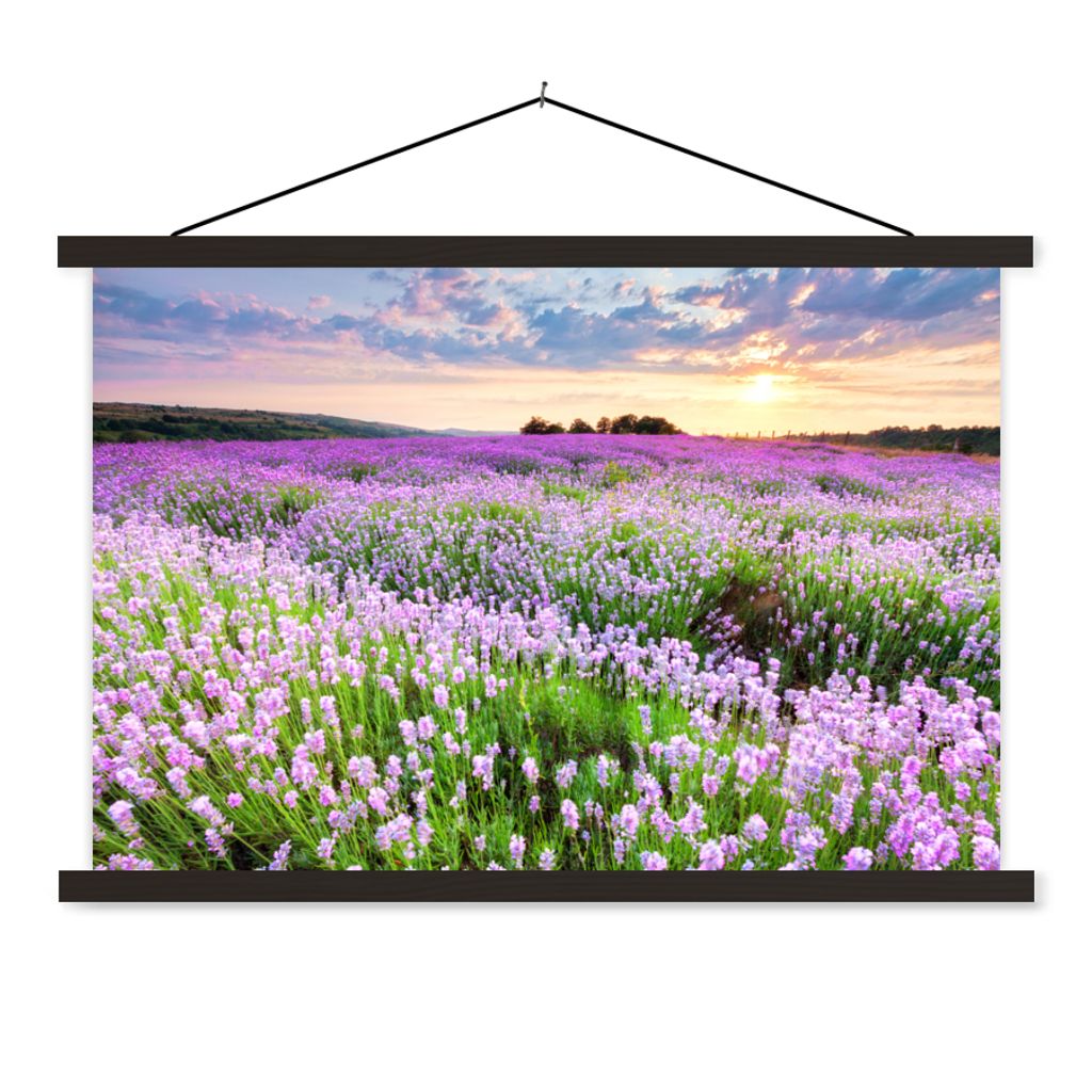 MuchoWow Textilposter Blumen - Lavendel - Lila - Himmel - Sonnenuntergang - Wiese - Natur 90x60 cm mit schwarzem Rahmen - Aufhängungssatz