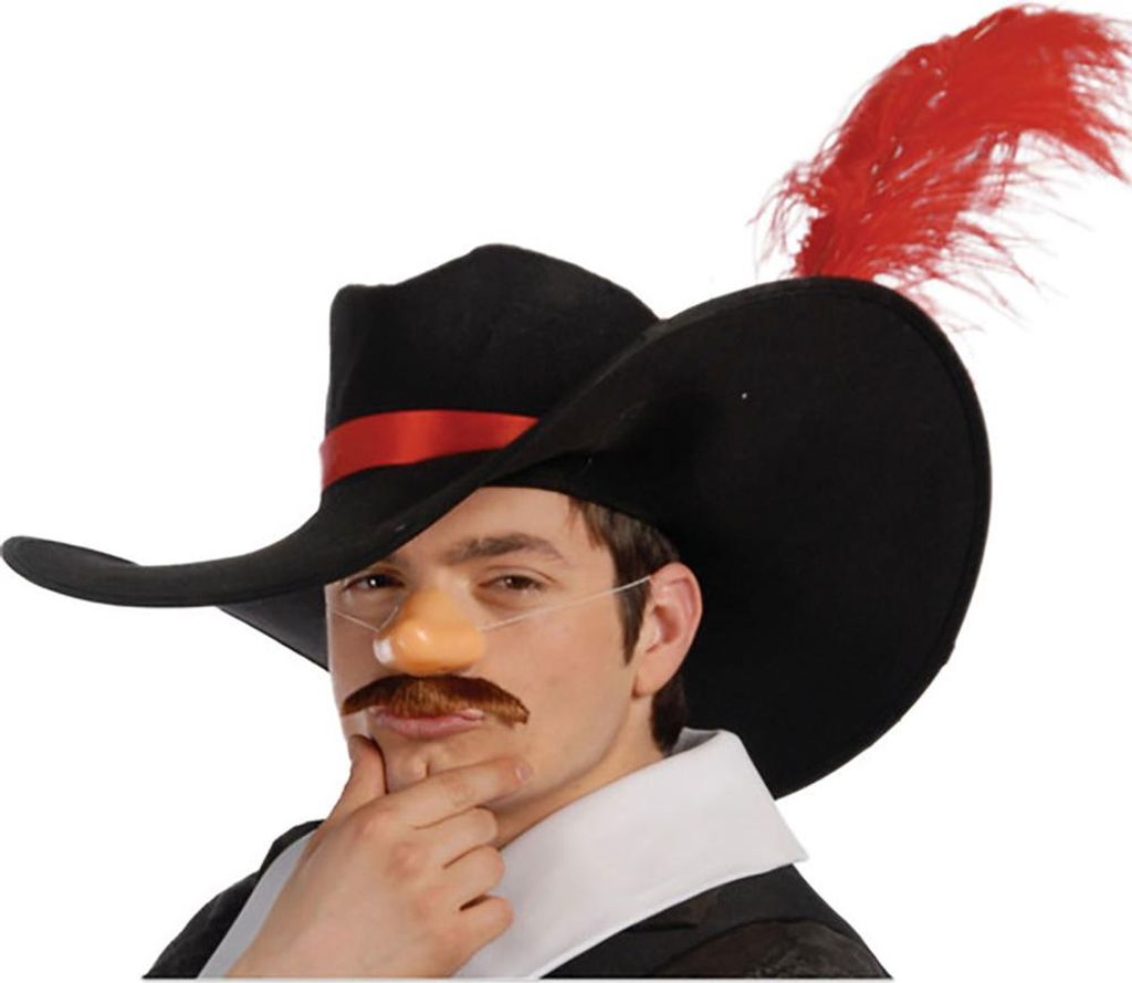 A person wearing a costume hat with a feather and a fake nose and mustache.