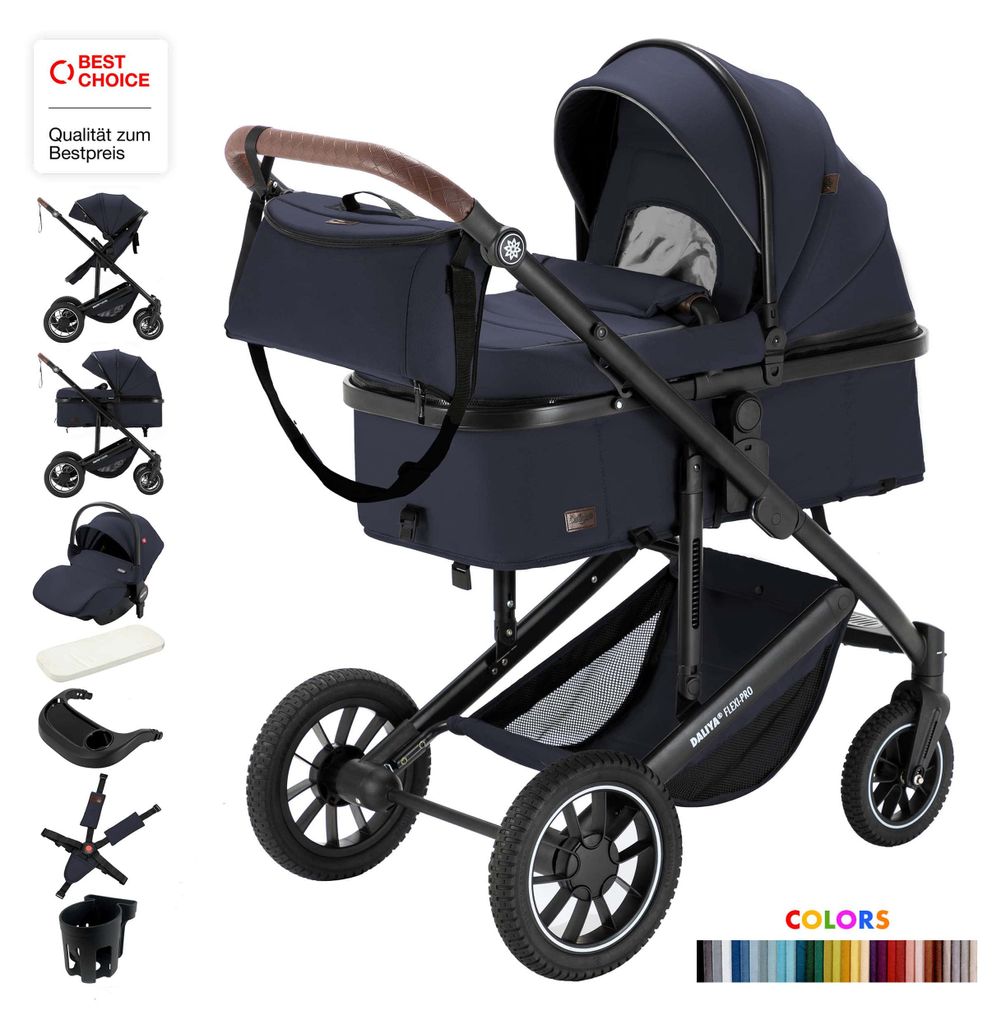 Daliya FLEXI-PRO M 3in1 Kinderwagen & Buggy mit i-Size Babyschale, Memory-Knöpfe, Kinderwagen mit Auto-Babyschale, Leicht, Großer Einkaufskorb